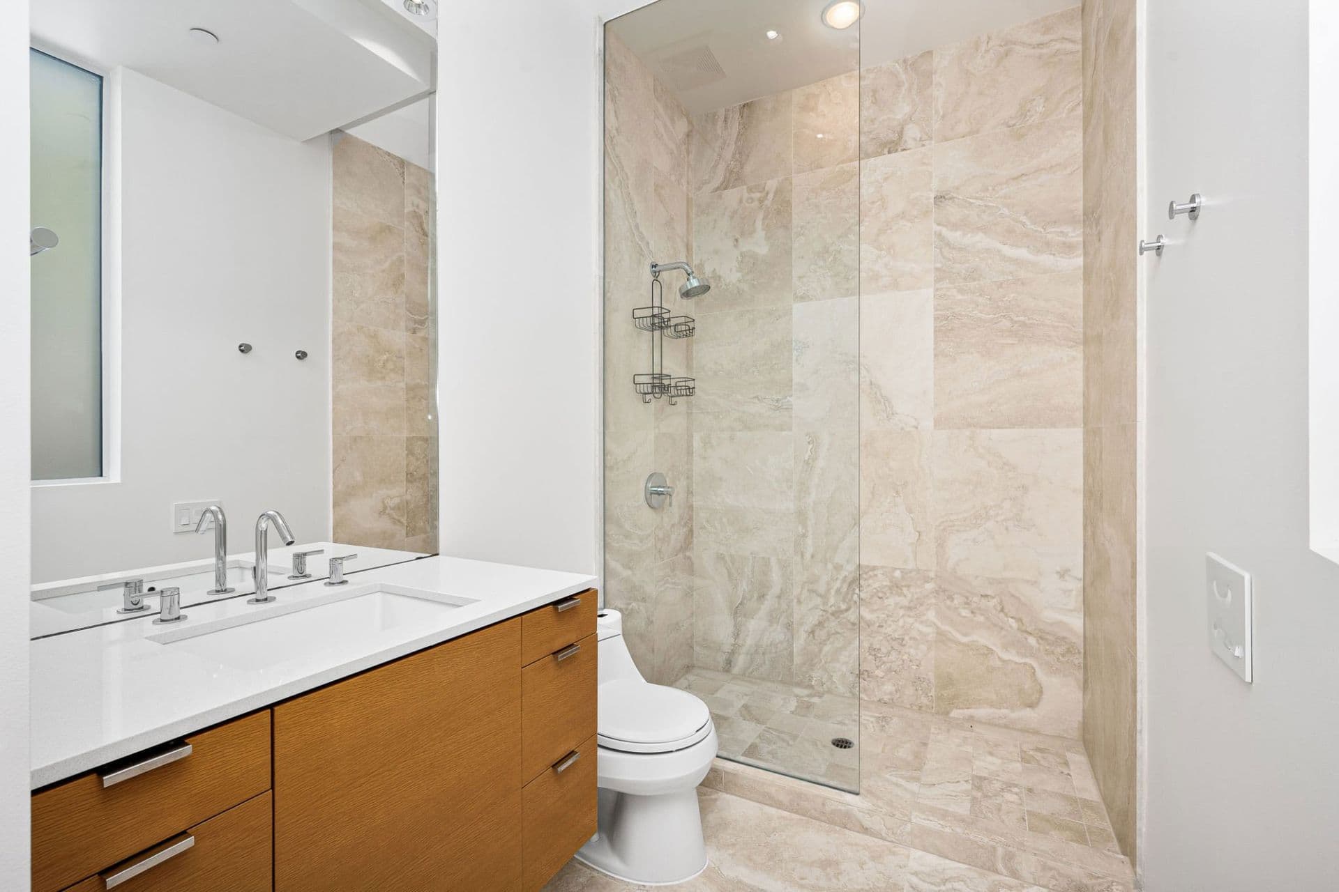 A stylish walk-in shower with no threshold, bordered glass, and a frameless glass door.